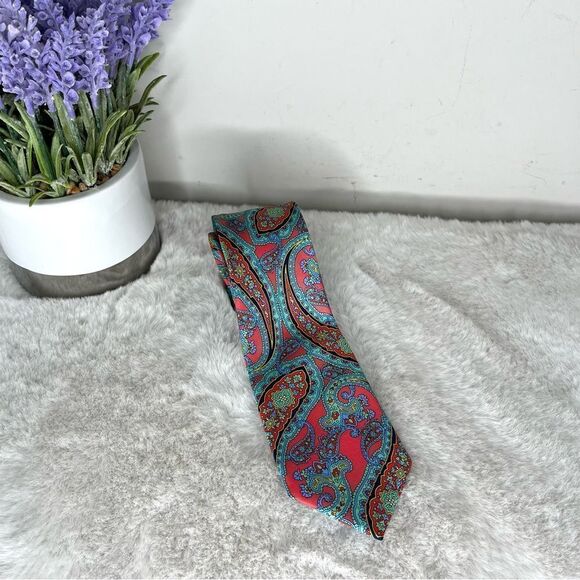 Happy Ties Men’s 100% Silk Blue, Green and Pink Paisley Print - Picture 1 of 6